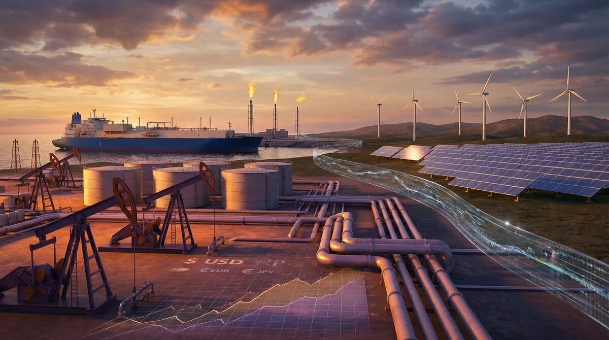 Energy sector overview showing oil, gas, and renewable energy infrastructure