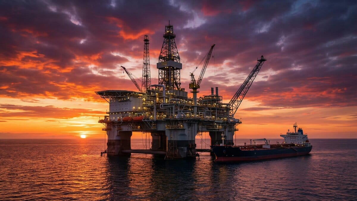 Offshore oil drilling platform at sunset