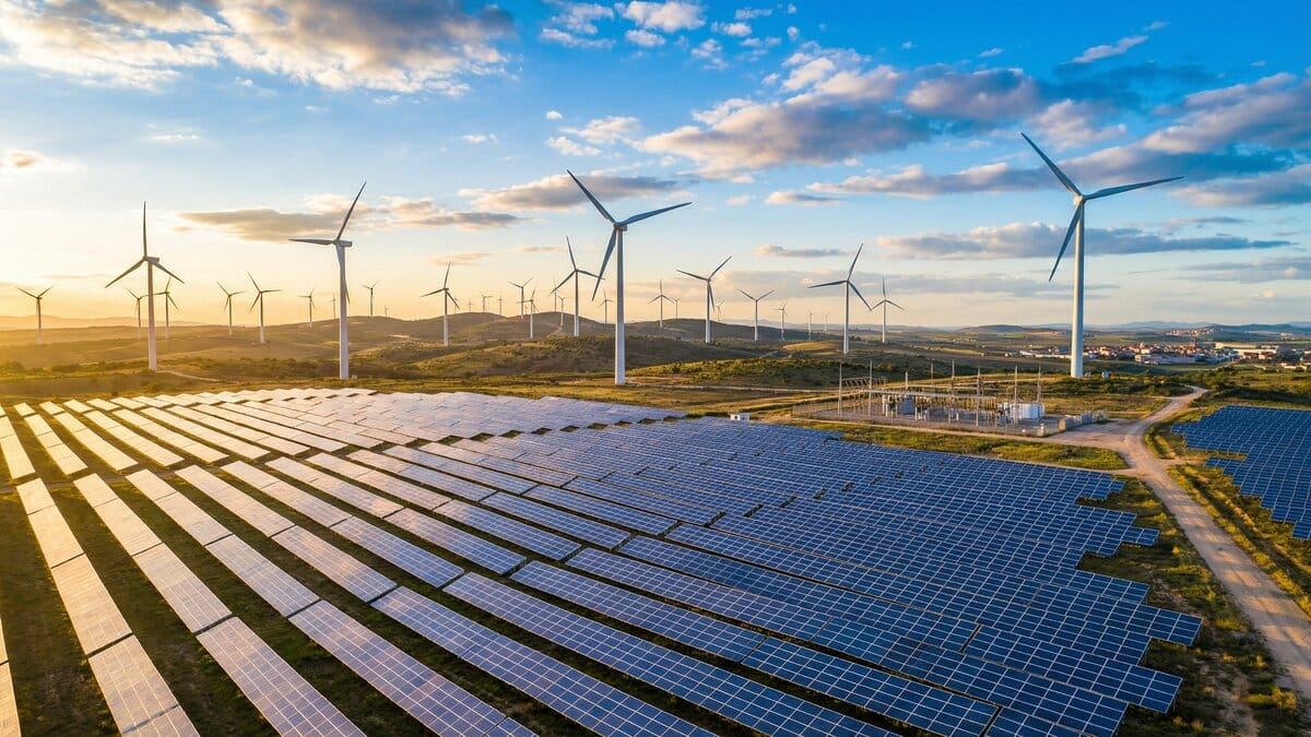 Solar panels and wind turbines renewable energy