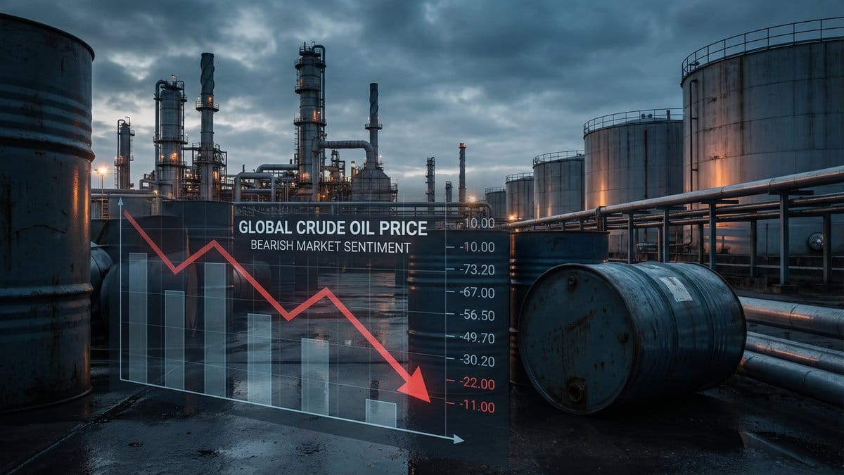 Oil refinery with declining price chart showing bearish market sentiment