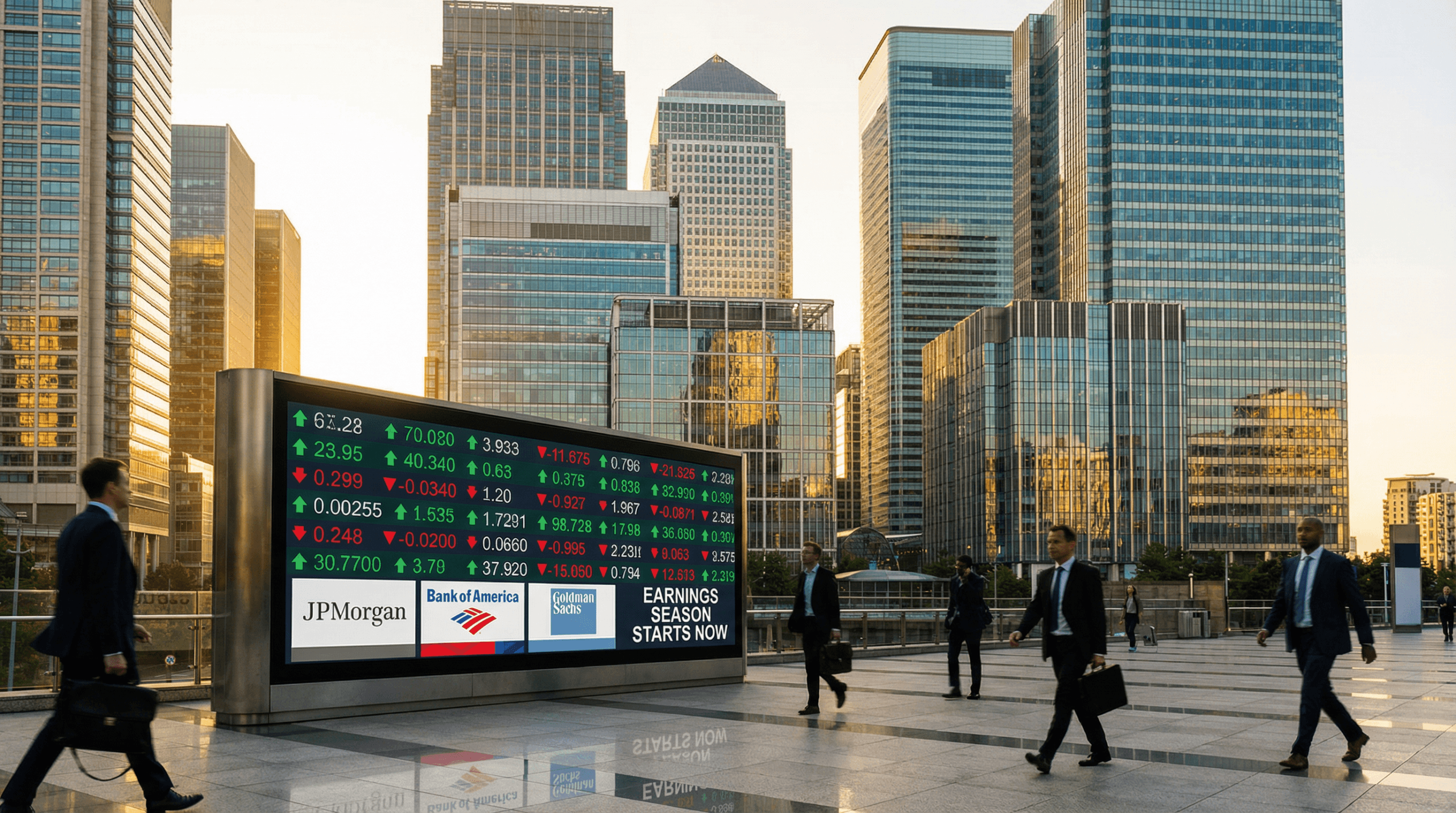 Financial district with bank headquarters and stock market tickers showing earnings season kickoff