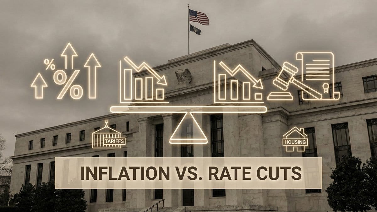 Federal Reserve building with visual representation of the balance between inflation control and interest rate policy