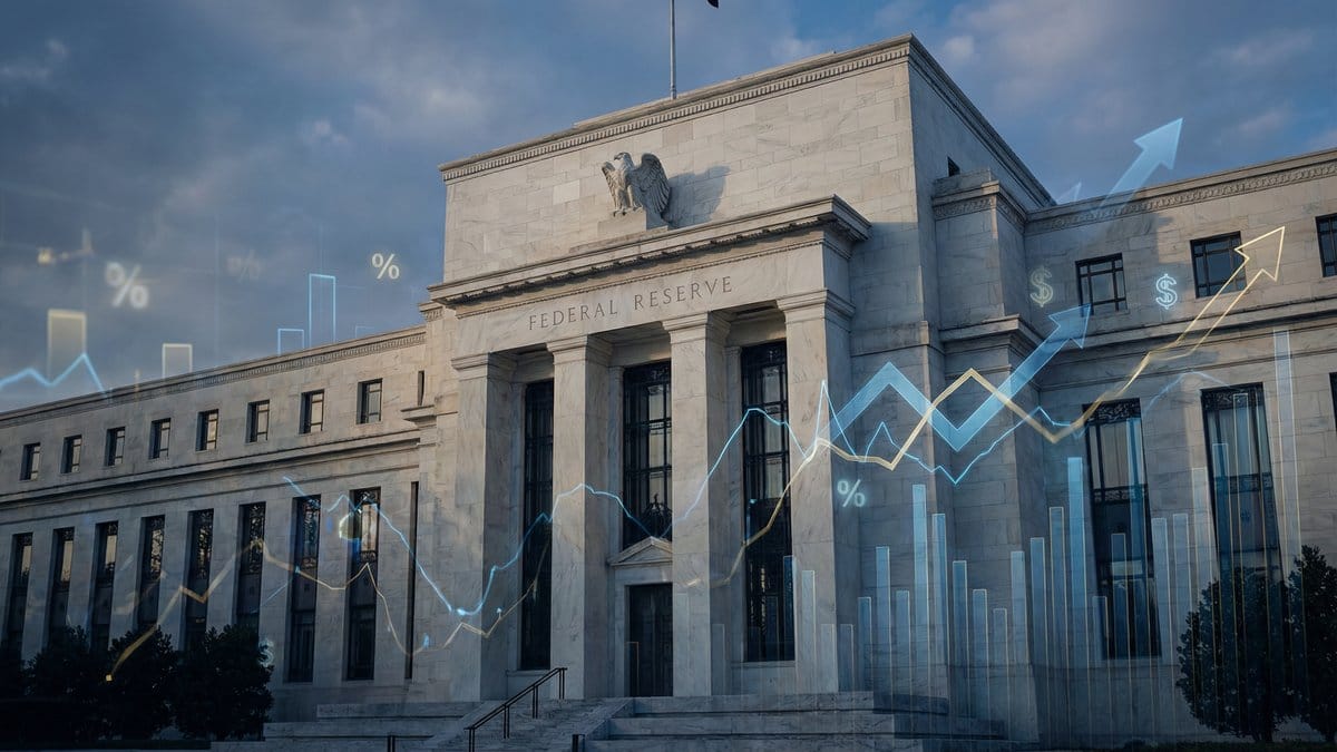 Federal Reserve building with economic data visualizations and interest rate charts