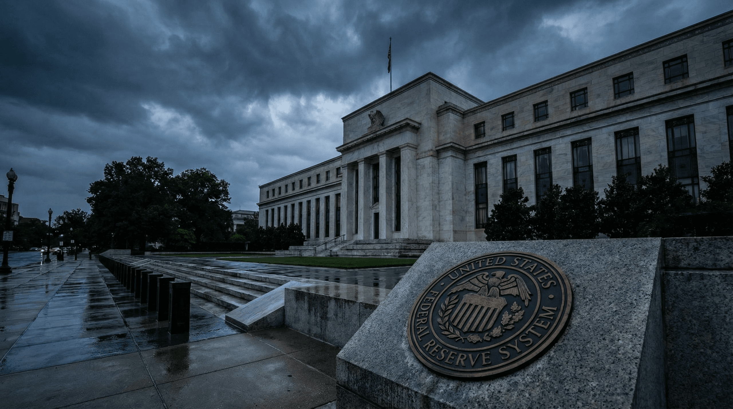 Federal Reserve headquarters building in Washington DC with dramatic stormy skies representing uncertainty over DOJ criminal investigation of Fed Chair Jerome Powell and threats to central bank independence