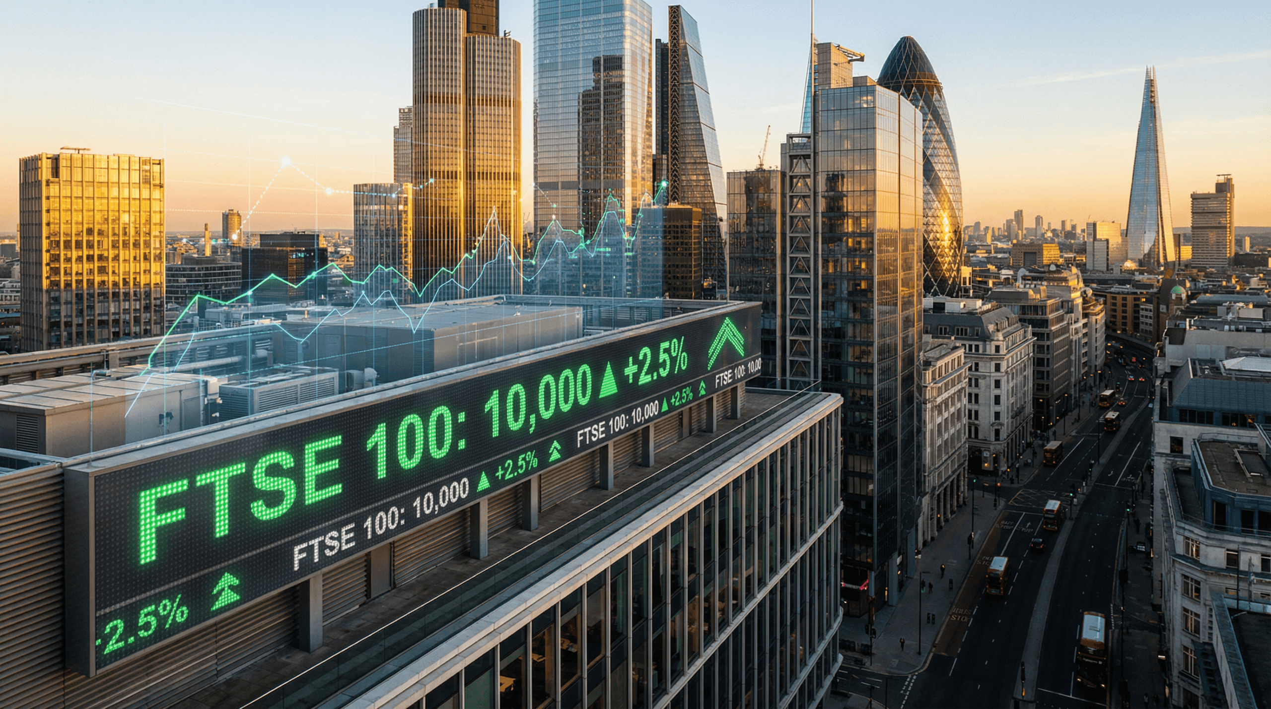 London financial district skyline with FTSE 100 index reaching historic 10000 milestone displayed on digital board