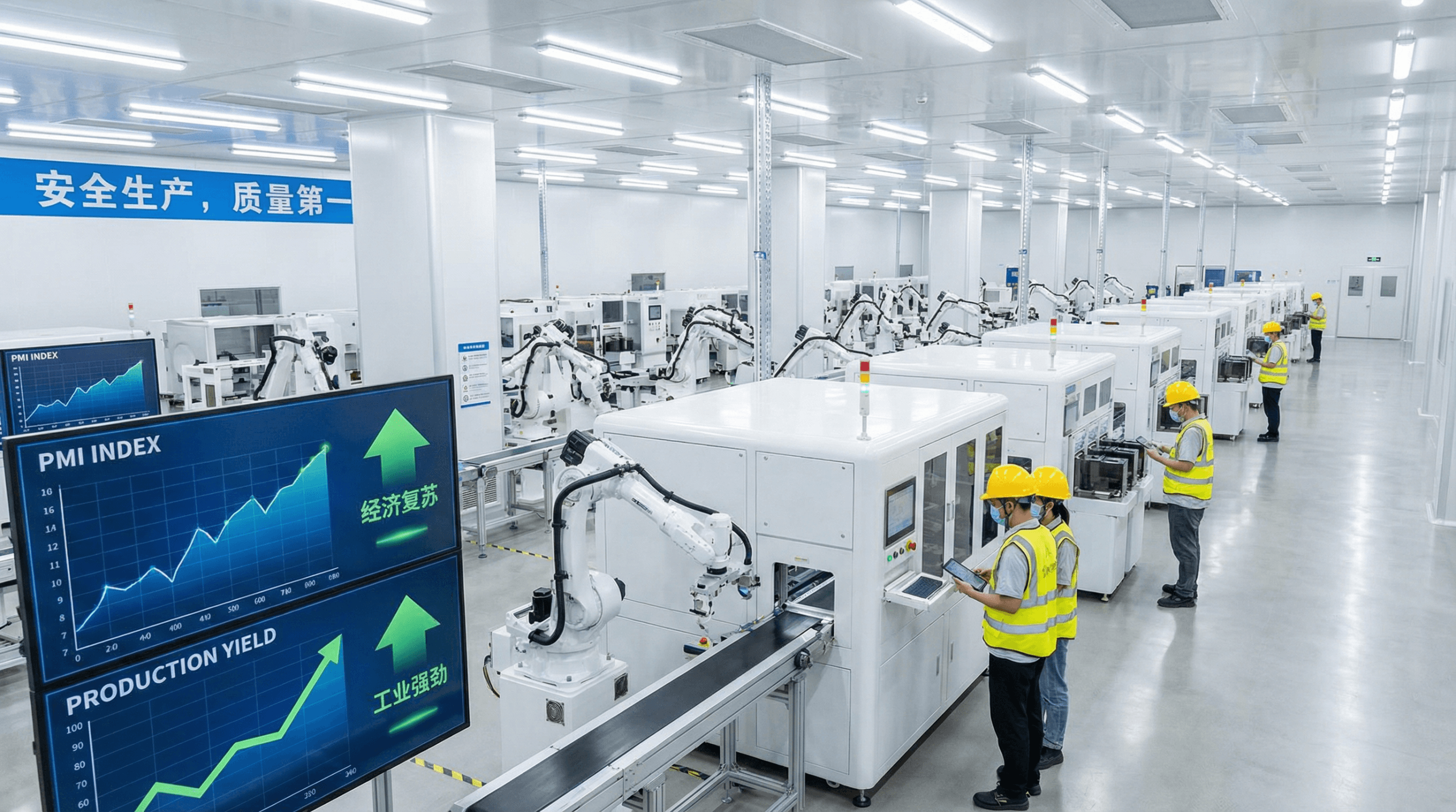 Modern Chinese factory floor with advanced robotic manufacturing equipment and workers monitoring production, displaying rising PMI indicators and economic recovery metrics