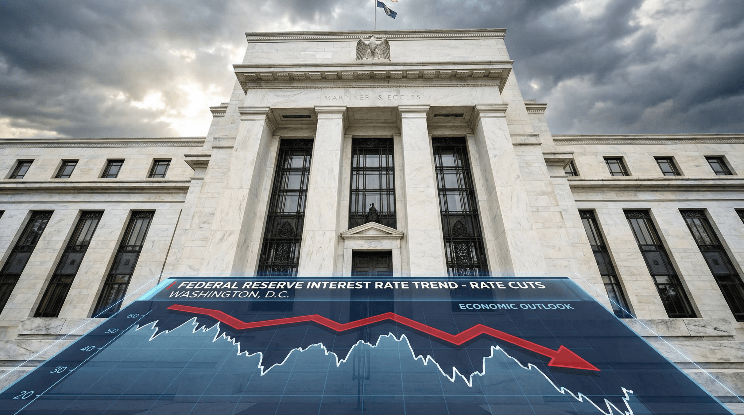 Federal Reserve building in Washington DC with interest rate trend chart showing downward trajectory, symbolizing anticipated monetary policy rate cuts in 2026
