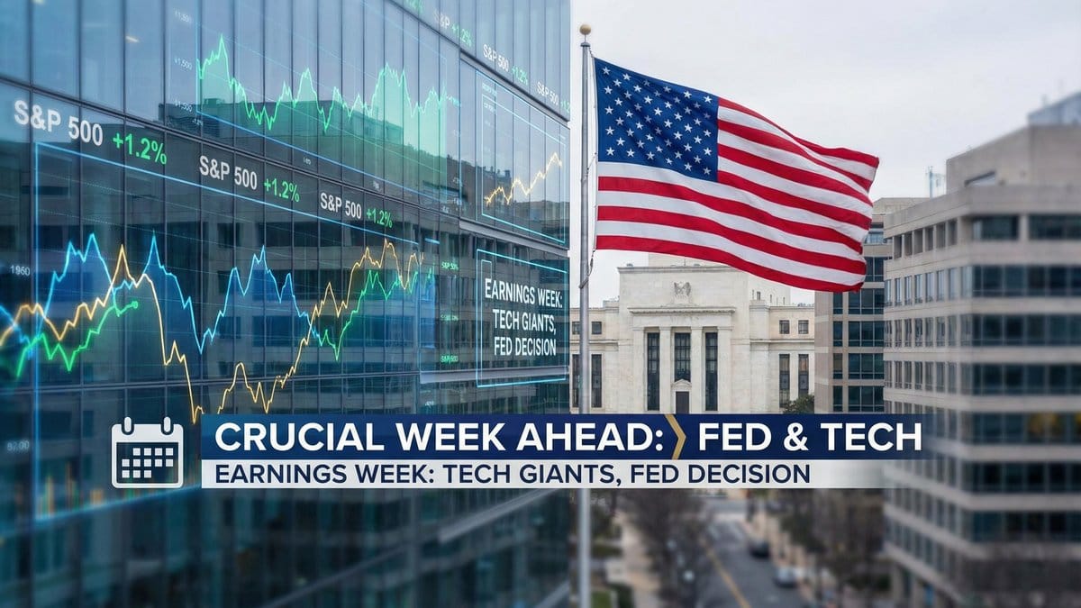Federal Reserve building with market charts and earnings calendar