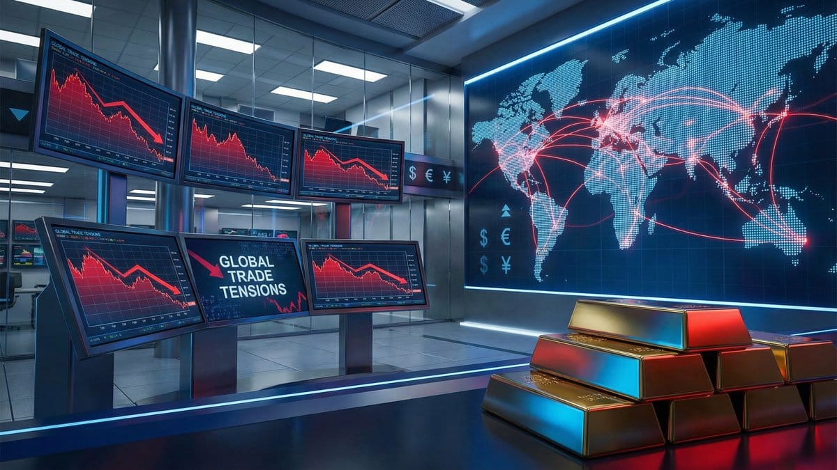 Global trade tensions impacting stock markets with declining charts and safe-haven gold bars