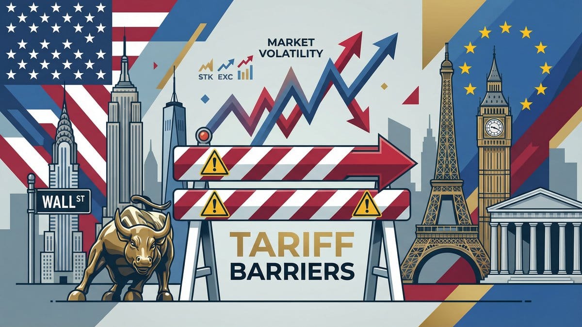 US-Europe trade barriers and tariff tensions illustrated with Wall Street and European landmarks