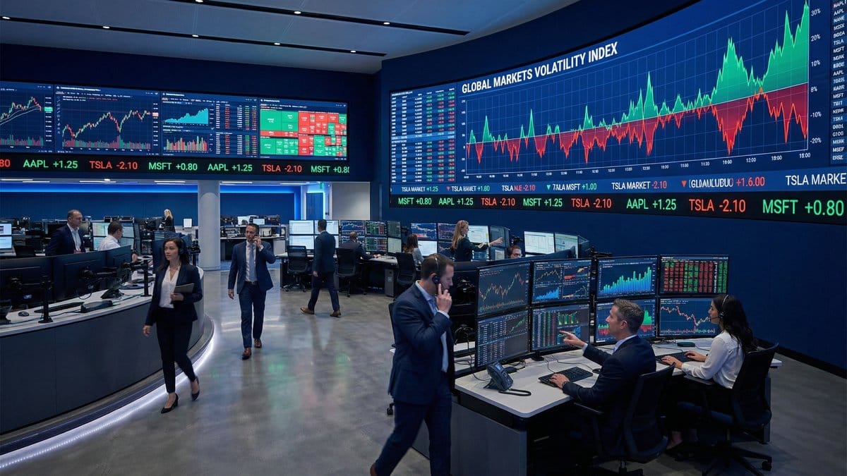 Stock market trading floor with digital screens showing market indices and financial data