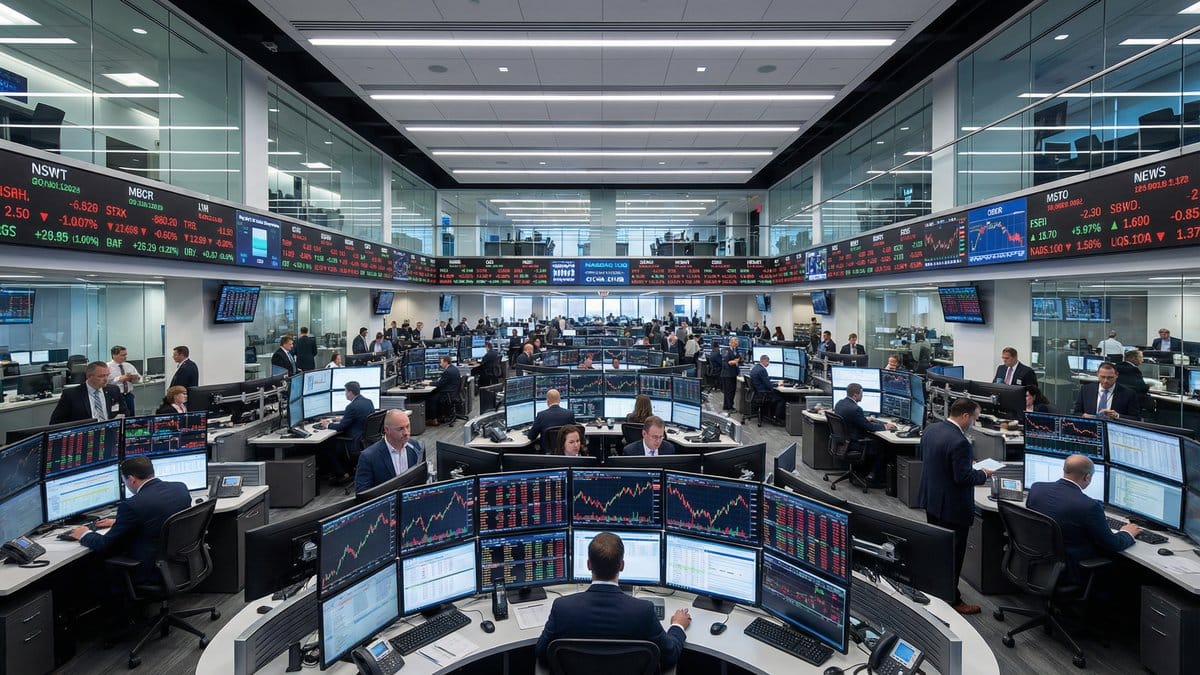 Stock market trading floor with multiple screens displaying market data and charts