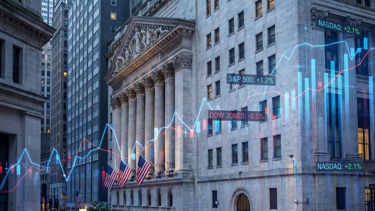 Wall Street buildings with American flags and stock market data overlay