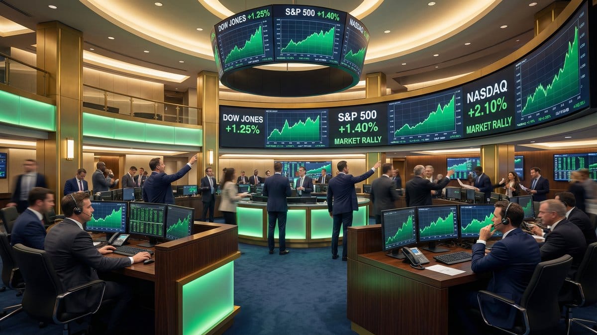 Stock market trading floor showing positive gains on major indices including Dow Jones, S&P 500, and Nasdaq