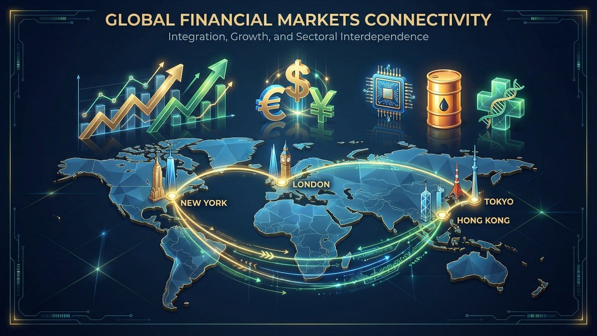 Global financial markets connectivity showing interconnected world markets and sectors