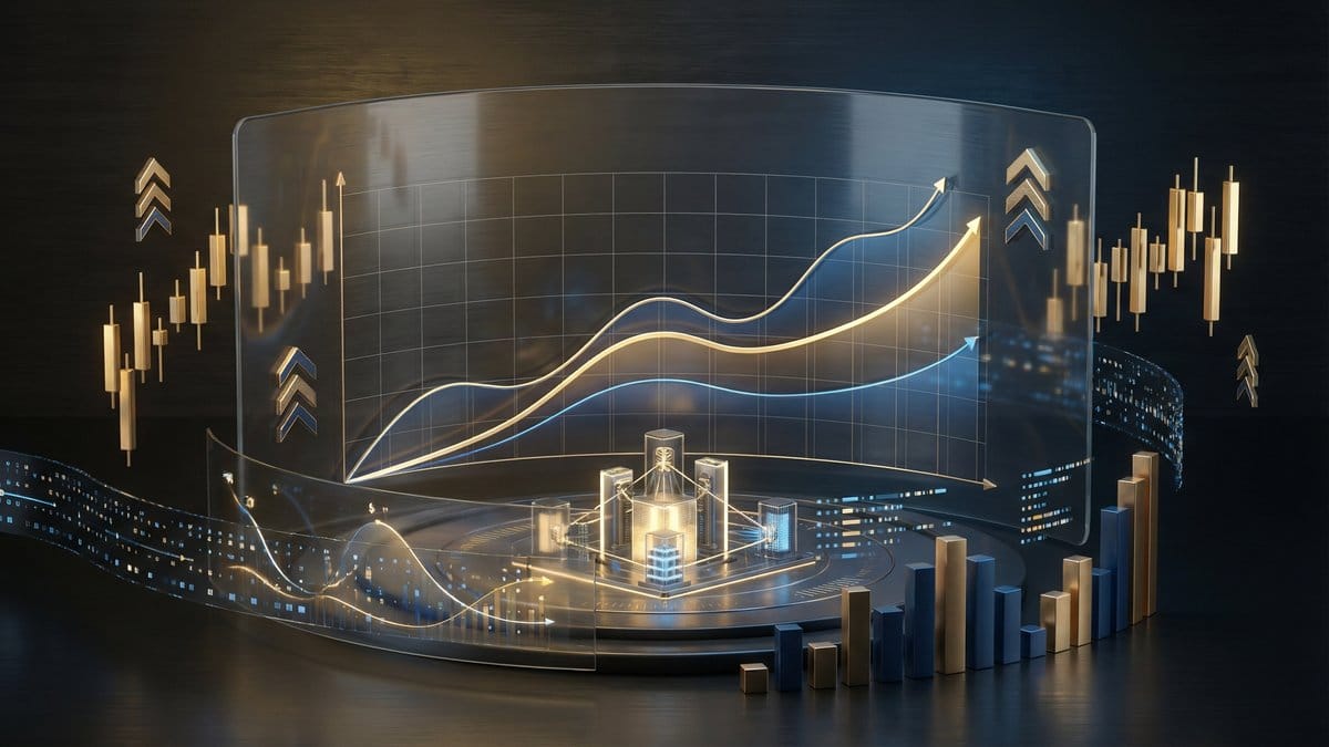 Stock market performance visualization showing major indices growth and financial data trends
