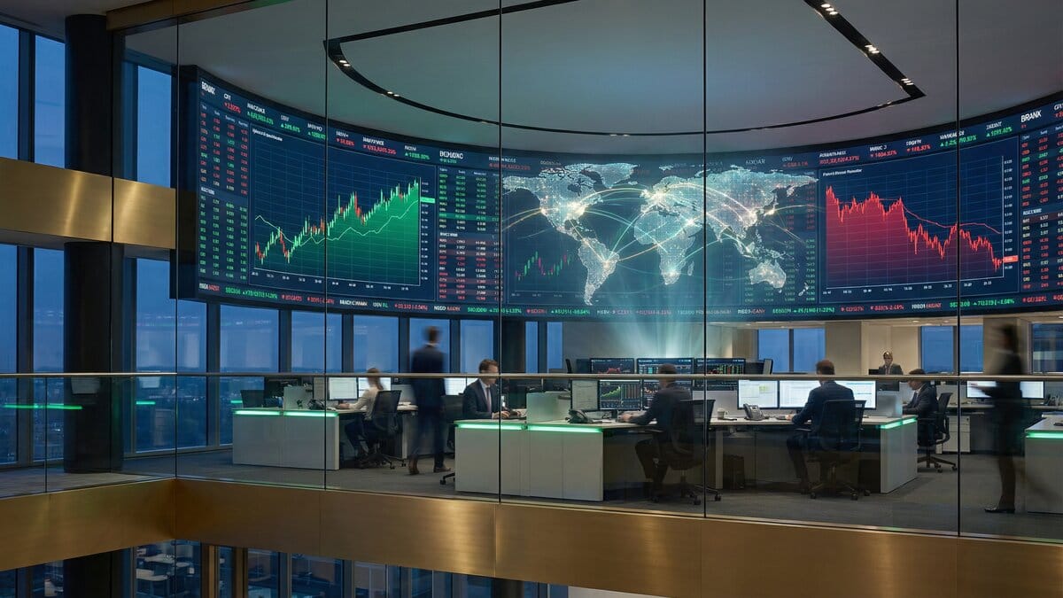 Professional financial market trading floor with digital displays showing stock charts and market data