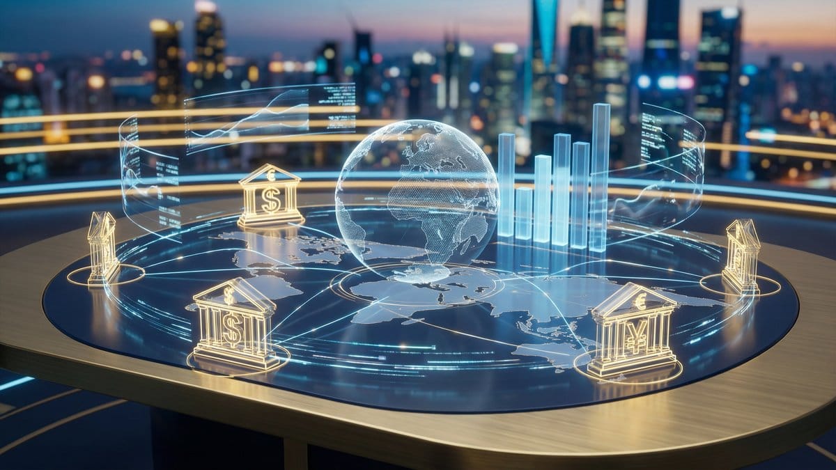 Global financial markets and international stock exchanges with currency symbols and economic data
