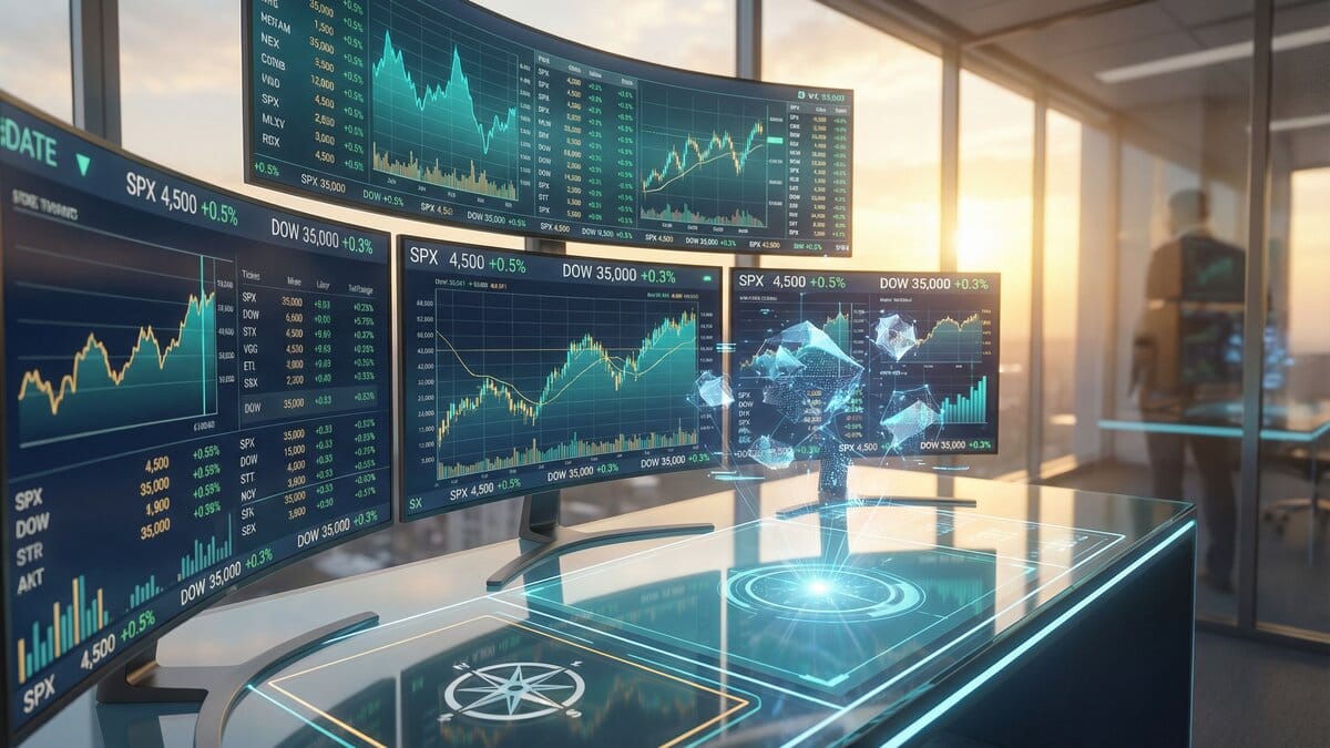 Modern financial technology concept with real-time market data and holographic displays