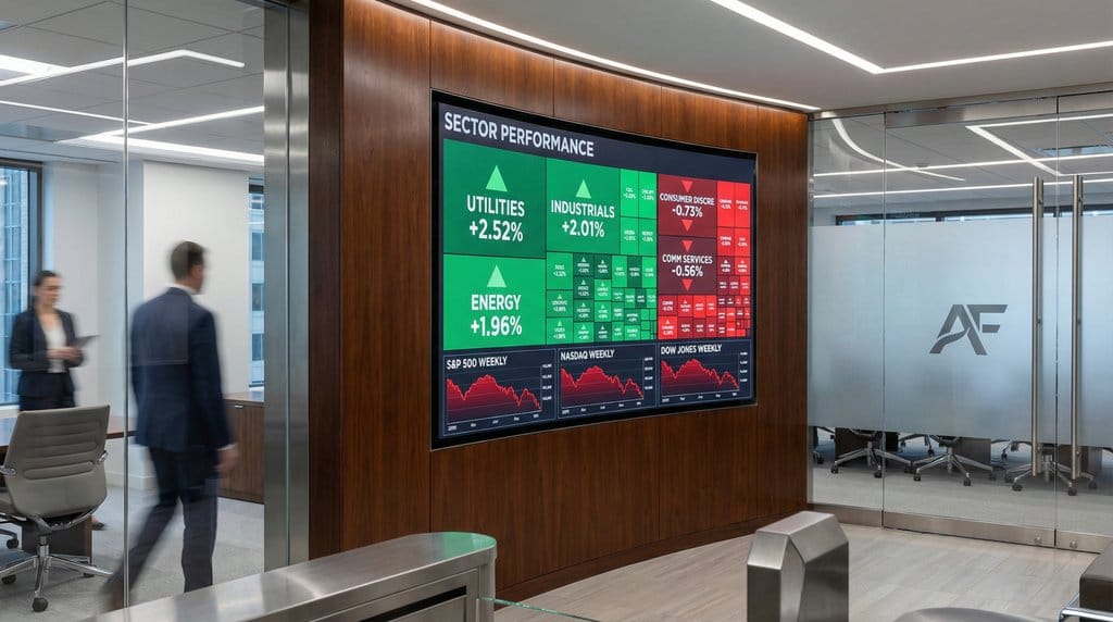 Financial dashboard displaying sector performance heatmap with Utilities, Industrials, and Energy leading while Consumer Discretionary and Communication Services lag