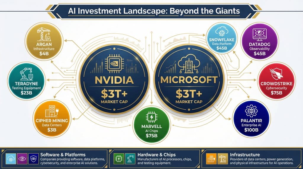 An infographic showing the AI investment landscape beyond the giants, featuring 8 mid-cap companies.