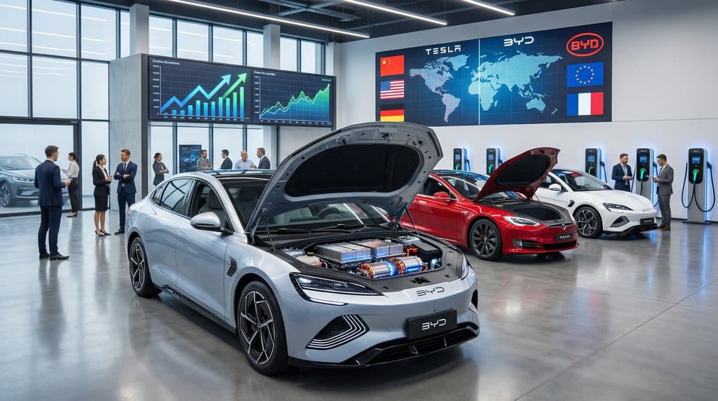 Modern electric vehicle showroom displaying BYD and Tesla EVs with global market competition visualizations and charging infrastructure