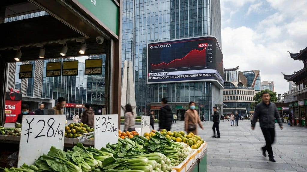 Chinese marketplace with fresh produce and price tags showing rising inflation with economic data displayed on digital screens in urban setting