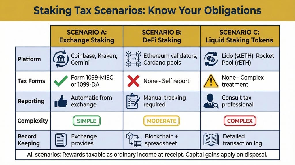 A comparison table of different crypto staking tax scenarios, including exchange, DeFi, and liquid staking.