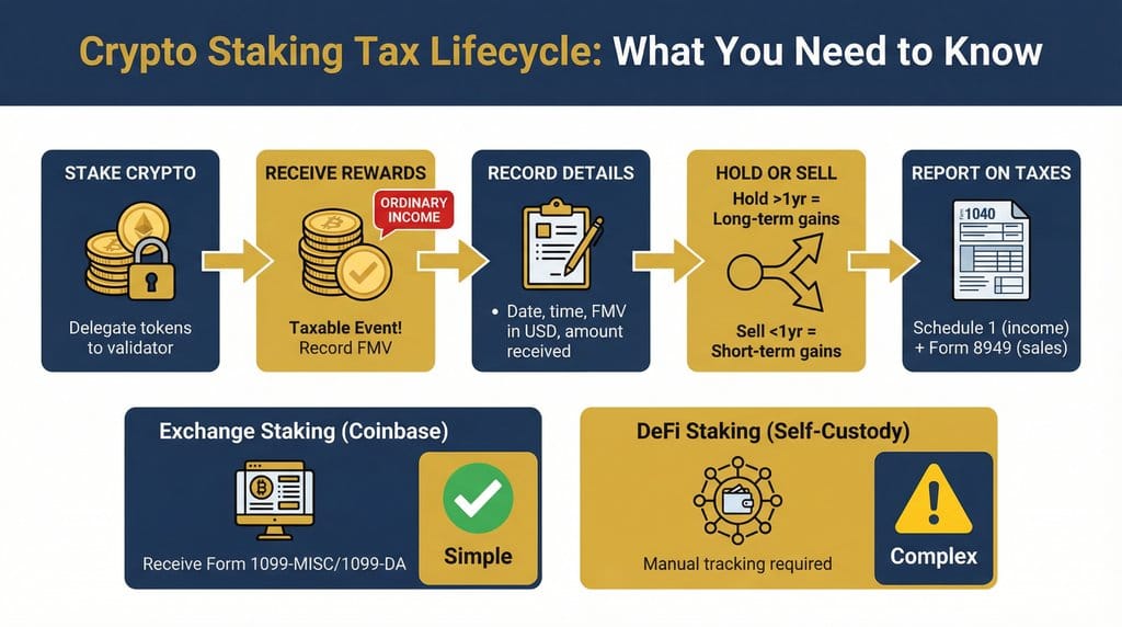 A flowchart showing the tax lifecycle of crypto staking rewards, from staking to reporting.