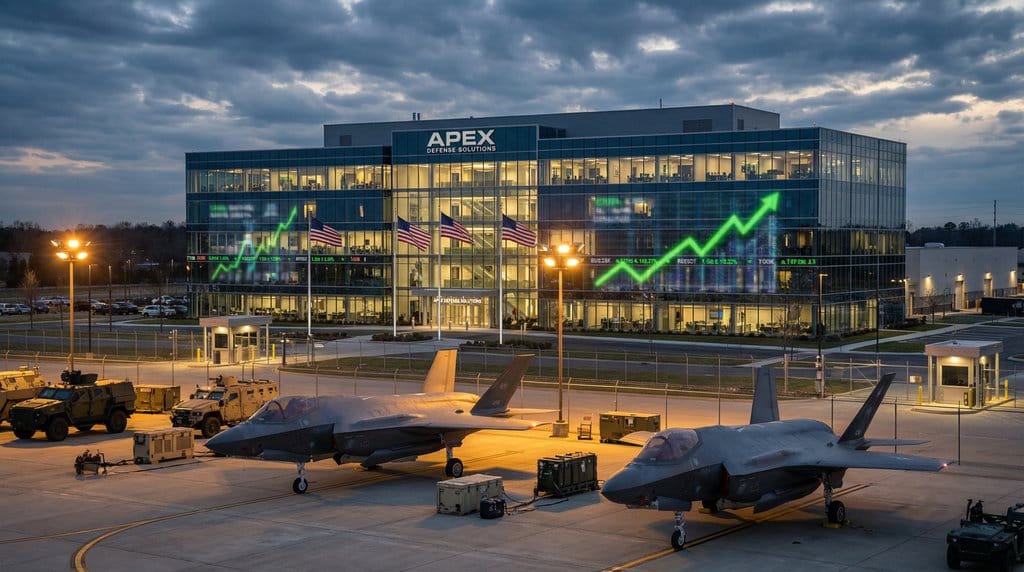 Defense contractor facility with military jets and upward trending stock charts showing military spending increase