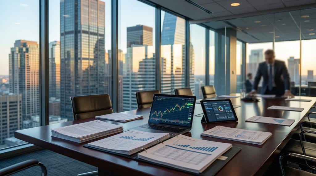 Corporate earnings analysis with financial charts and reports in modern boardroom
