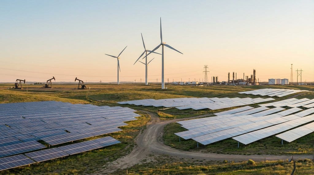Energy sector landscape showing solar panels, wind turbines, and oil infrastructure