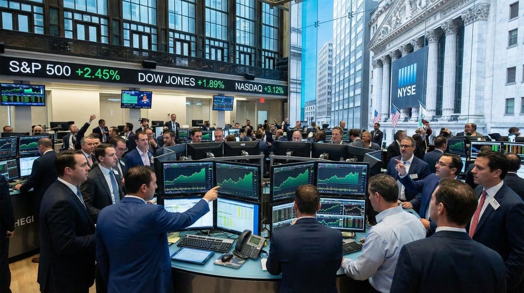 Professional photorealistic image of Wall Street trading floor with stock tickers and market charts showing bullish market activity