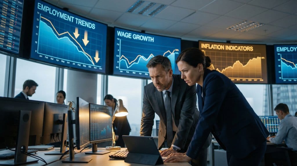 Economic analysts reviewing labor market data and inflation indicators on digital screens in a modern financial analysis center