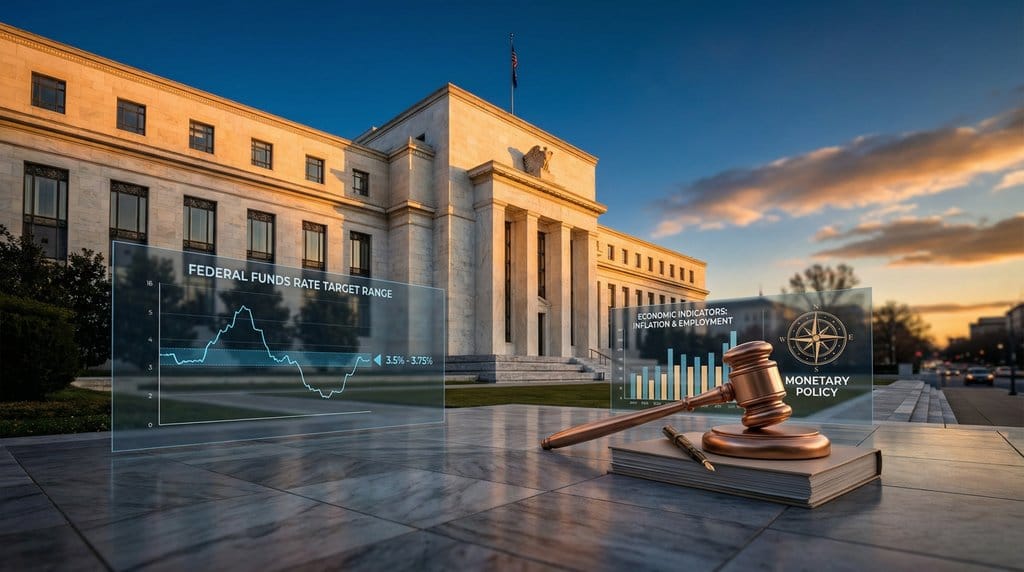 Federal Reserve building with interest rate charts and monetary policy symbols representing potential pause in rate cuts