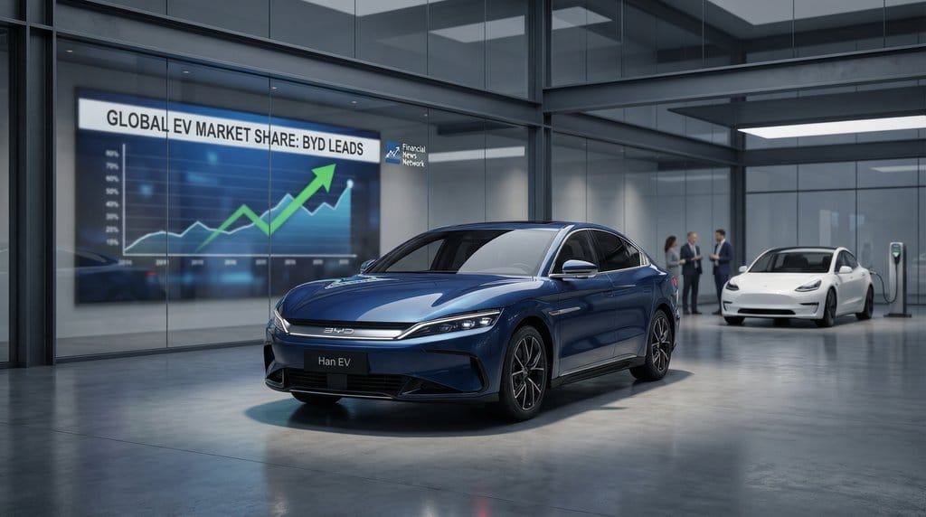 A sleek, modern BYD electric vehicle is prominently displayed in a showroom, symbolizing its new position as the world's top EV seller, with a Tesla in the background and a stock chart showing market share growth.