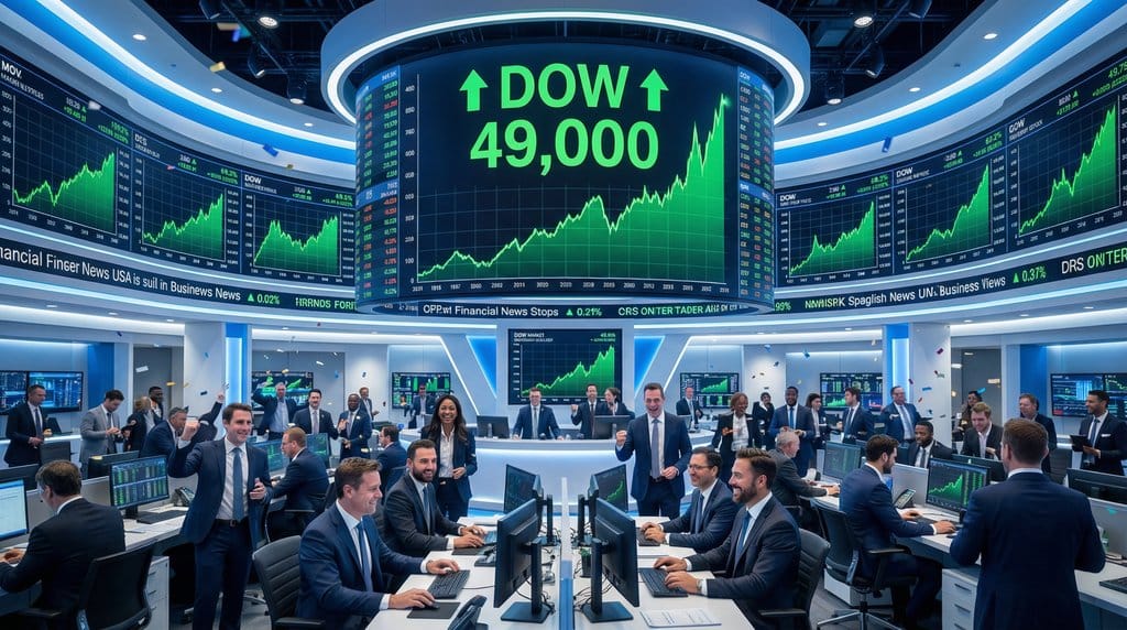 Modern financial trading floor with digital screens showing Dow Jones crossing 49,000 milestone with green upward trending charts and professional traders