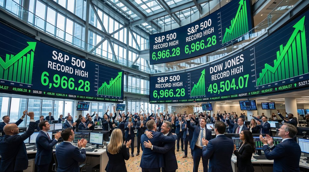 Stock market trading floor with screens showing record highs for S&P 500 and Dow Jones.