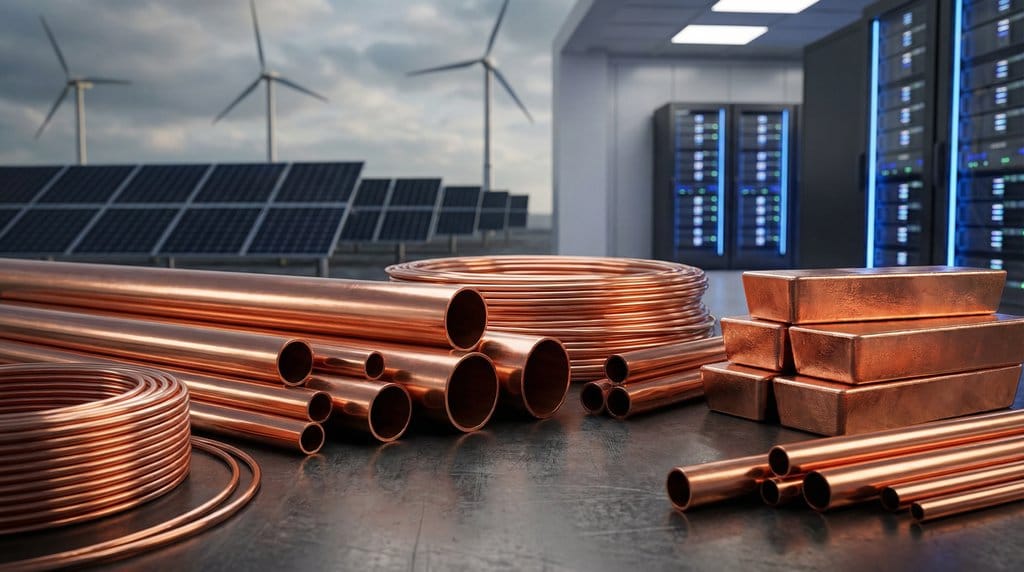 Copper pipes, wires, and ingots in industrial setting with renewable energy infrastructure including solar panels, wind turbines, and data center servers in background