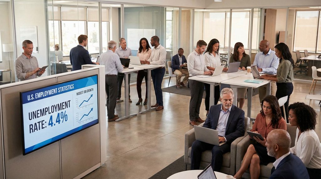 Modern office with professionals and a screen displaying U.S. employment statistics, including a 4.4% unemployment rate.