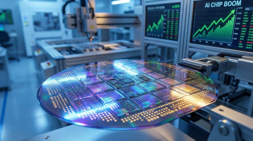 A close-up of a silicon wafer with intricate microchip circuitry, illuminated by blue and purple light in a high-tech cleanroom, representing the rally in semiconductor stocks and the AI chip boom.