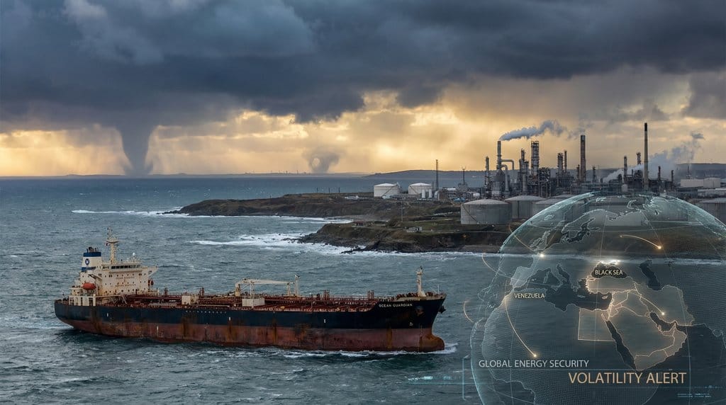 Oil tanker and refineries with stormy skies showing geopolitical energy market tensions