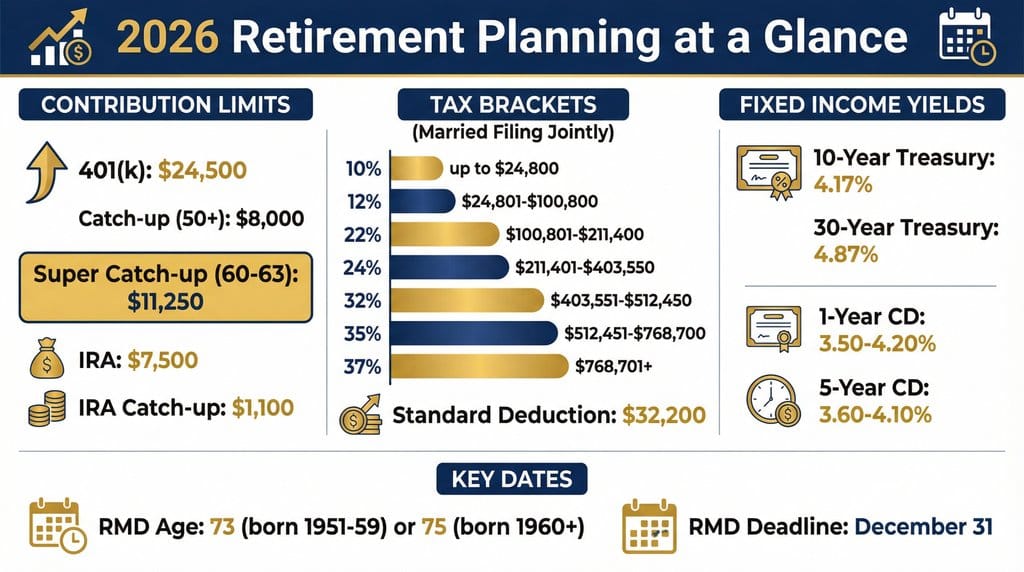 A professional infographic dashboard summarizing key 2026 retirement planning numbers, including contribution limits, tax brackets, and fixed income yields.