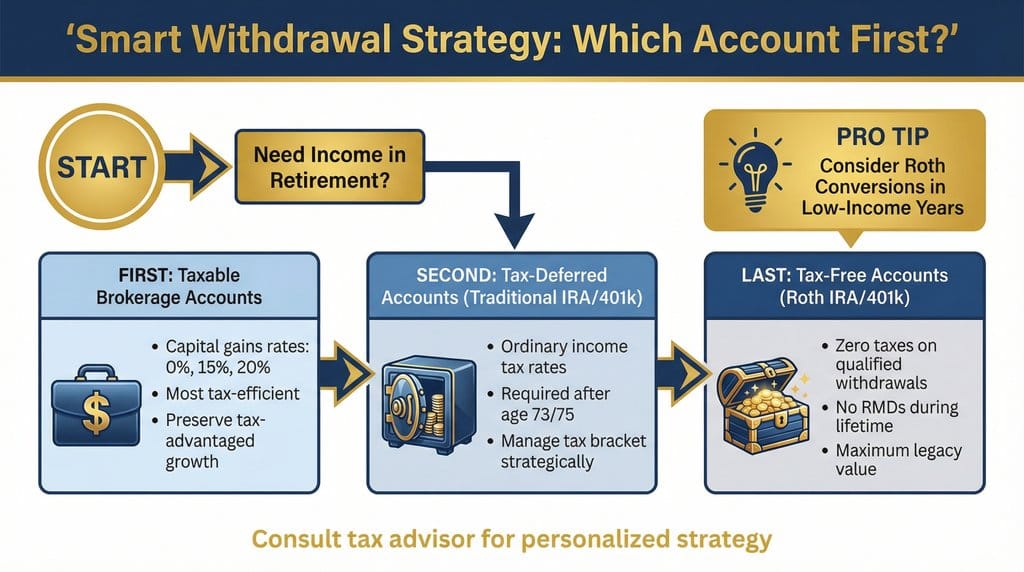 A flowchart illustrating the optimal order for retirement withdrawals, starting with taxable accounts, then tax-deferred, and finally tax-free Roth accounts.