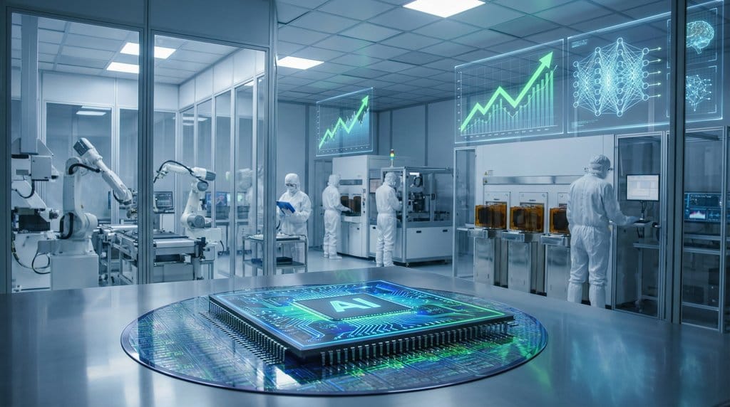 Advanced semiconductor manufacturing facility with AI processor chip and rising stock market charts, representing the AI-driven technology boom in 2026