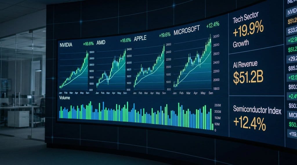 Tech sector performance chart showing stock trends for Nvidia, AMD, Apple, and Microsoft with growth metrics and semiconductor index data