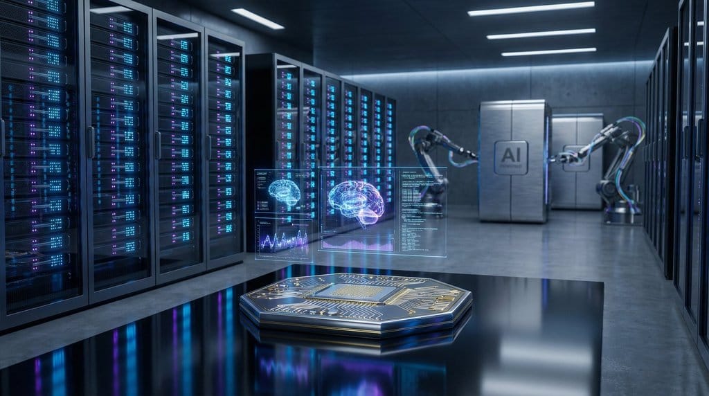 AI and semiconductor technology data center with advanced chips and neural network visualizations representing cutting-edge tech innovation