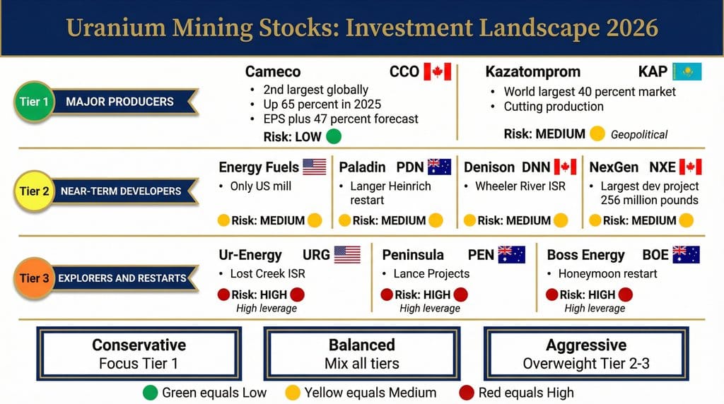 A comparison matrix of various uranium mining stocks, categorized by tier and risk level.