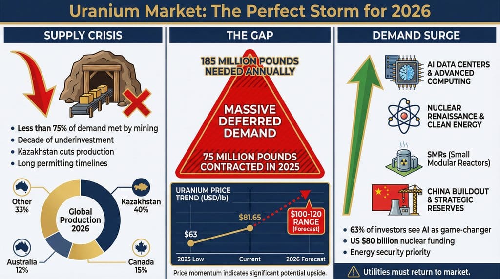 An infographic showing the supply and demand dynamics of the uranium market in 2026.