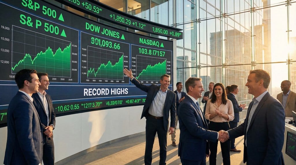 US stock market trading floor showing S&P 500, Dow Jones, and Nasdaq reaching record highs with green upward trending charts